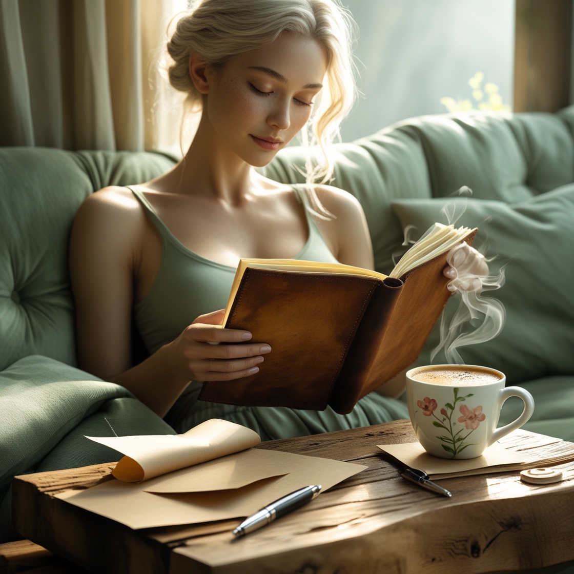 Woman practicing morning routine with journal and coffee